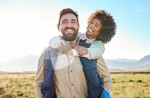 Image of Love, relax and smile with couple on farm for agriculture, peace and growth. Teamwork, bonding and hug with man and woman in grass field of countryside for sustainability, health and environment