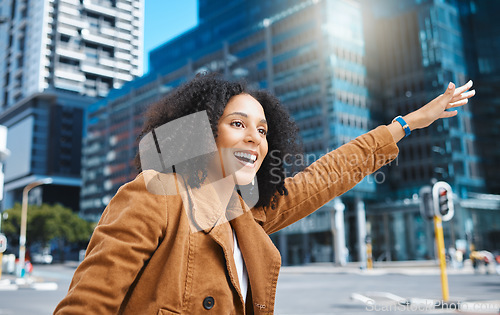 Image of Black woman, city and stop taxi with smile, sunshine and urban adventure on sidewalk in summer. Girl, outdoor and street in metro for transport, bus or ride service with happiness, holiday or travel