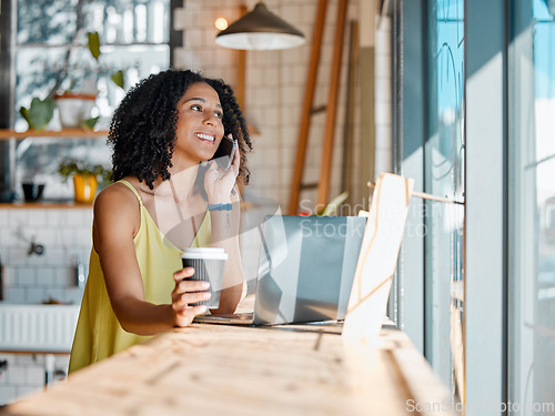 Image of Black woman in coffee shop, phone call and remote work with laptop, freelance or influencer blog with networking. Connection, wifi and communication with tech, drink and relax in cafe with contact