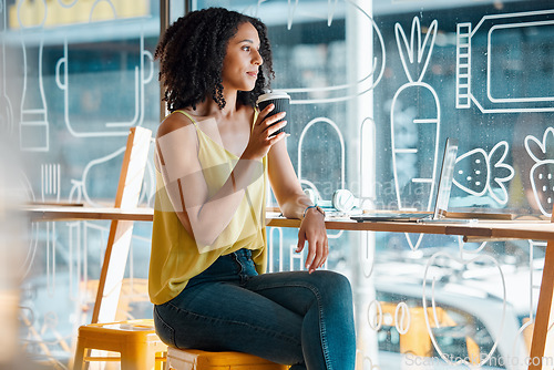Image of Black woman, coffee shop and thinking by window with idea, vision and goals for life, career or job. Young gen z girl, student and drink latte in cafe with focus, motivation and laptop for research