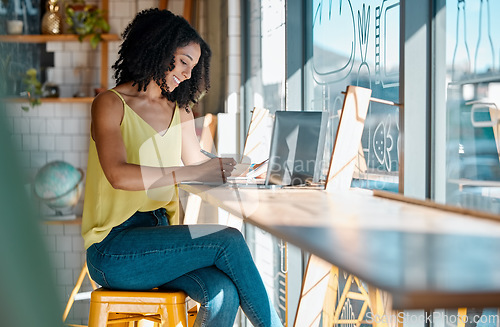 Image of Business, entrepreneur and black woman with remote work from home, sunlight and focus for new project, schedule and planning. African American female, lady and leader with startup, laptop and smile