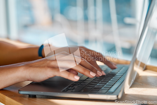 Image of Closeup, hands and woman typing, data analysis and update system, process or deadline. Female employee, freelancer or entrepreneur with laptop, keyboard or new project with schedule or online reading