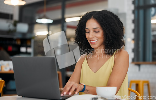 Image of Black woman, laptop and remote work in cafe for planning freelance research in restaurant. Happy female, coffee shop and computer email technology on internet, blogging and social networking online
