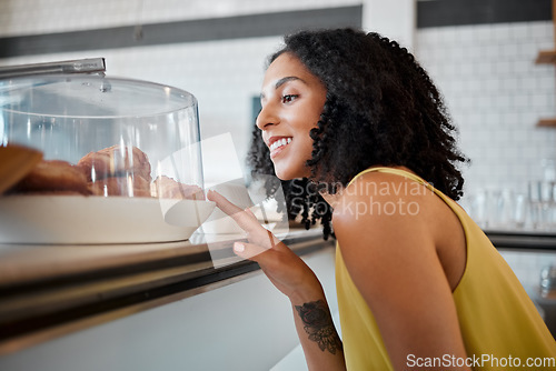 Image of Coffee shop, happy and woman looking at croissants for breakfast, snack or delicious craving. Happiness, smile and female buying a fresh baked pastry by a cafe, restaurant or bakery in Puerto Rico.