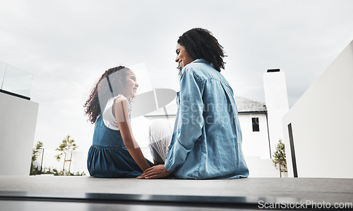 Image of Love, mother and girl outdoor, talking and quality time on weekend, break and loving together. Child development, mama and female kid chatting, outside and conversation for fun, playful and cheerful