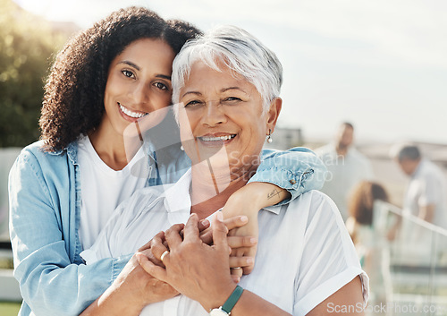 Image of Mother, grandmother and hug portrait outdoor with family, care and parent love with a smile. Happiness, retirement and mom with elderly woman together on a happy vacation with a senior grandma
