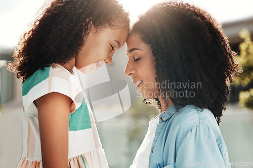 Image of Love, forehead and mother with daughter, outdoor and happiness on break, bonding and loving. Mama, female child and faces together with smile, quality time and kid with mom, relax and summer holiday