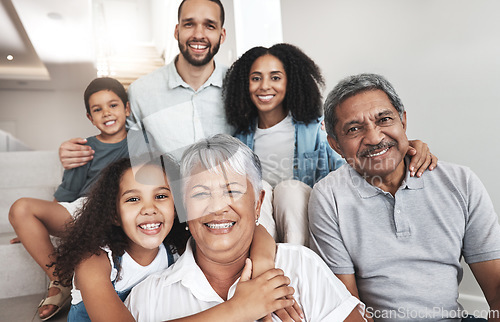 Image of Love, house stairs and portrait of happy family bonding, hug and enjoy quality time together in Rio de Janeiro Brazil. Smile, happiness and relax children, parents and grandparents in vacation home