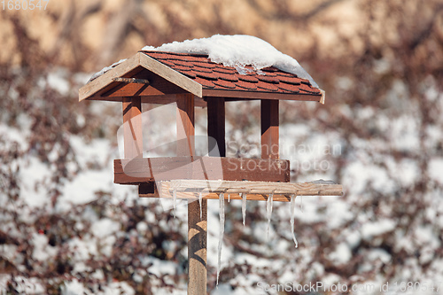 Image of birdhouse in winter garden