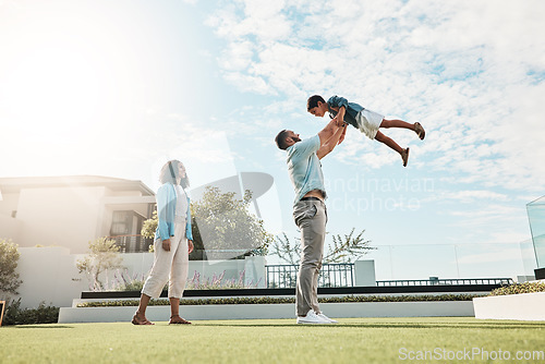 Image of Playground, park and family outdoor in nature on a summer day on holiday with mom, dad and child. Play, fun and freedom of a mother, man and kid in the air together with love and parent care