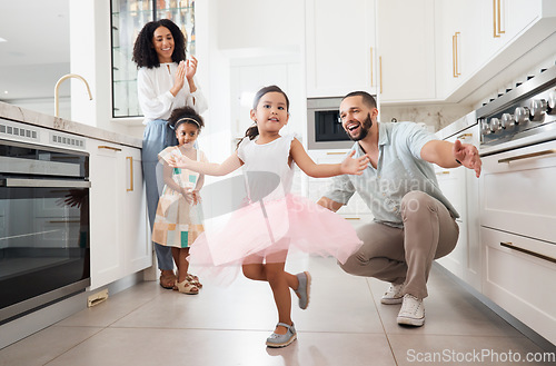 Image of Dance, princess and family with children in home kitchen for love, care and fun bonding together, clapping or celebration. Support, dancing and Mexico girl or kid with parents or mother and father