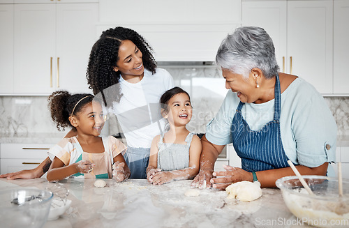 Image of Cooking dough, learning and family with kids in kitchen baking dessert or pastry. Education, care and mother and grandma teaching sisters or children how to bake, bonding and laughing at comic joke.