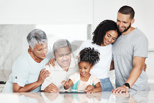 Image of Digital tablet, bonding and big family at their home watching a video on social media or mobile app. Love, happy grandparents and parents spending time with a girl child streaming a movie on a device
