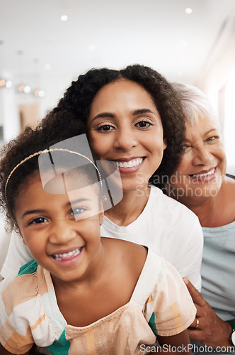 Image of Family, generations and selfie with love in portrait and care at home, mother and grandmother with child together with smile. Happiness in picture, relationship and wellness with women and girl