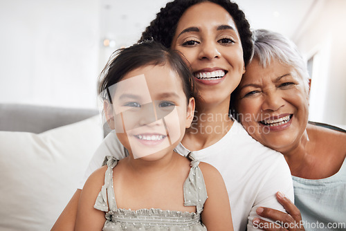 Image of Family, generations and smile in portrait with love and care with mother and grandmother with child at home. Happiness, relationship and wellness with women and girl spending quality time together