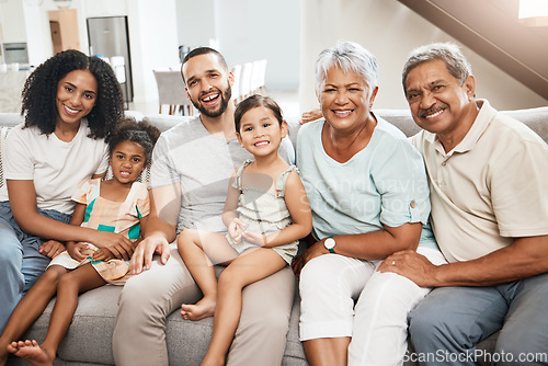 Image of Happy family, portrait smile and on living room sofa relaxing together for fun holiday break or weekend at home. Grandparents, parents and children smiling in happiness together for bonding on couch