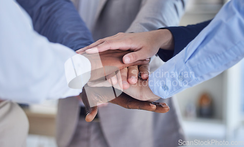 Image of Business people, hands stack and teamwork motivation for goals, dream or mission in finance company. Corporate team building, diversity and solidarity for vision, strategy and collaboration in office