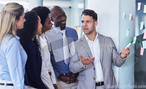 Image of Businessman sharing idea with mindmap, team and presentation, planning and strategy with sticky note. Coaching, goals and ideas on moodboard and creative man with vision working on project in office.