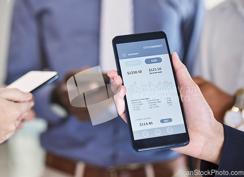 Image of Business, finance and hands with a profit on a phone, money market and payment analytics online. Investment, trading and businessman showing a mobile app for financial investing and stock market