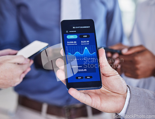 Image of Online trading, stats and hands with a phone for finance, digital analytics and money from business. Payment, market businessman showing investment progress, profit and wealth on a mobile app