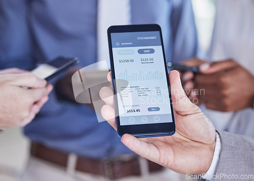 Image of Trading, finance stats and hands with a phone for profit, digital analytics and money from business. Payment, market screen showing investment progress, growth and wealth on a mobile app with man