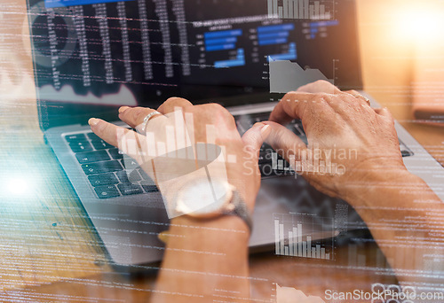 Image of Technology, laptop and hands typing with overlay in data, crypto trading and futuristic analysis in blockchain development. Future ux, cryptocurrency and cybersecurity, innovation in stock investment