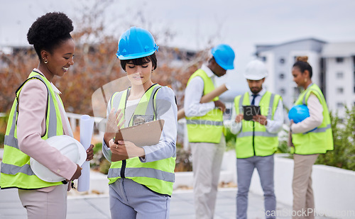 Image of Industry, inspection and construction team with a clipboard for a maintenance, repair or building project. Collaboration, teamwork and industrial workers analyzing or planning architecture checklist.