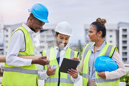 Image of Construction site, digital tablet and team of engineers at building creative, planning and vision. Design, teamwork and architect group online for thinking, problem solving and engineering on mockup