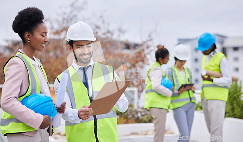 Image of Construction worker team, discussion and clipboard for planning vision, strategy and blueprint for property. Architect group, black woman and men with tablet, helmet and conversation for development