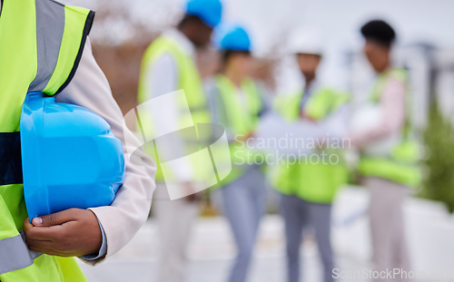 Image of Construction, building and team of engineers on site for creative, planning and blurred background. Builder, safety and architect with group for thinking, problem solving and engineering on mockup