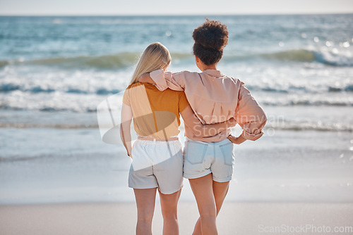 Image of Back, women and friends hug, beach and summer vacation for bonding, tropical island and adventure on break. Females, ladies and embrace on seaside holiday, bonding and loving together, view and relax