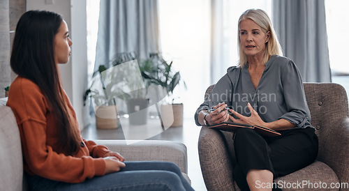 Image of Mental health, help and psychologist with a woman for therapy, consultation and anxiety support. Psychology, helping and therapist talking to a patient about depression during counseling meeting