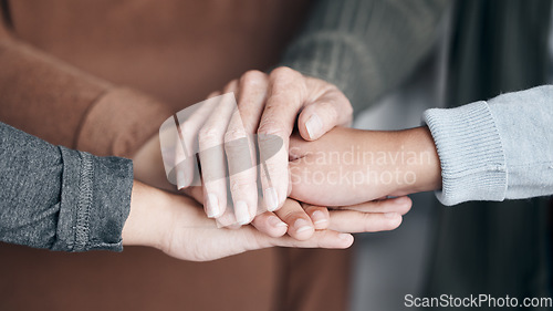 Image of People, hands and care in trust for unity, collaboration or agreement together in solidarity. Hand of support group in teamwork, partnership or coordination for team success, community or achievement