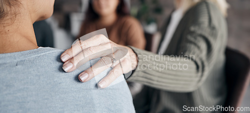 Image of Closeup, hand and old woman support friend, solidarity and community with sympathy and therapy. Zoom, touching shoulder for grief and female with love, compassion or group with loss and communication