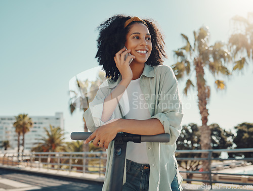 Image of City scooter, phone call and black woman talking, chatting or speaking outdoors on street. Travel, communication and happy female with electric moped and 5g mobile for networking or conversation.