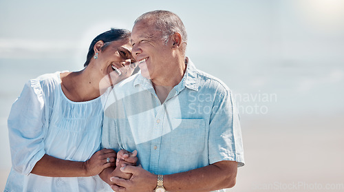 Image of Senior couple, beach and laughing of love, relax and mockup on summer holiday, vacation or date. Happy retirement, man and woman at ocean for happiness, support and smile in care together in sunshine