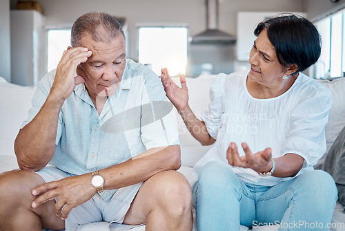 Image of Conflict, discussion and senior couple fighting with marriage problem, stress and sad about divorce. Communication, depression and elderly woman speaking to man about retirement plan while frustrated