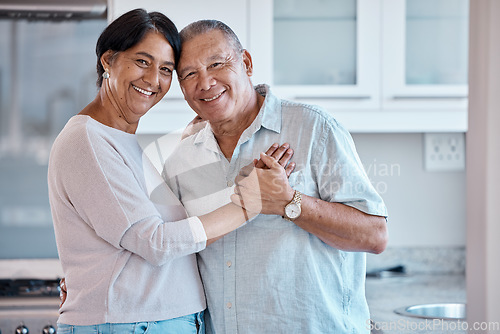 Image of Old couple, love and hug in portrait, relax at home with partnership, care and retirement together. Trust, support and commitment in marriage and life partner, healthy relationship with happy people