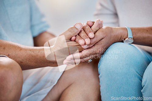 Image of Senior couple hand holding, support and empathy, trust or helping for mental health problem, death news or therapy. Love, depression and people hands together for psychology, retirement or healthcare