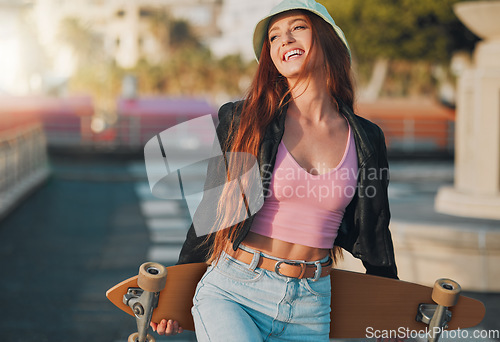 Image of Summer, happy and skateboard with woman in city for freedom, sports and relax lifestyle. Training, fitness and sunset with girl walking in urban town enjoying adventure, wellness and energy vacation