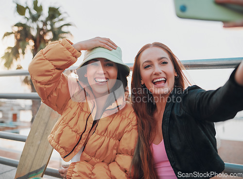 Image of Selfie, happy and friends on a vacation in the city for summer fun and bonding in Australia. Happiness, smile and women taking a picture together outdoor in a town while on holiday or weekend trip.