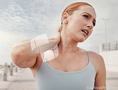 Image of Outdoor, neck pain and woman training, workout and muscle tension from exercise, fitness and strain. Female, athlete and lady outside, accident and medical care for injury, inflammation and bruise