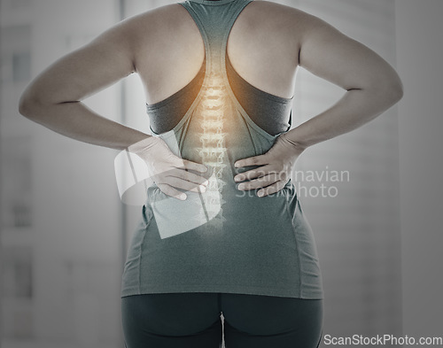 Image of Fitness, spine problem and woman with back pain, muscle and joint ache from exercise, workout and training. Sports health, anatomy and skeleton x ray of girl for osteoporosis, injury and accident