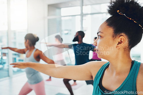 Image of Yoga, exercise class and fitness people in warrior or stretching for health and wellness. Diversity men and women group together for workout, training or pilates for healthy lifestyle motivation