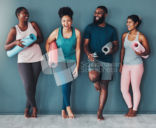 Image of Fitness, diversity and portrait friends at the gym for training, laughing and happy for exercise at a club. Smile, sports and man with women in a group for a workout, cardio or yoga in a room