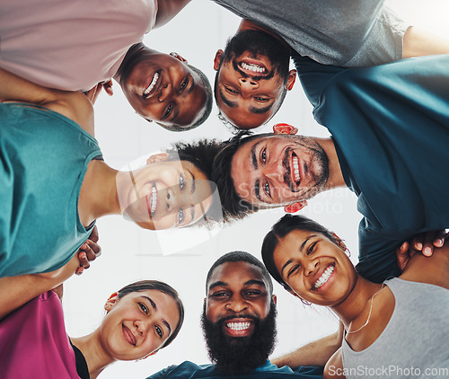 Image of Low angle, portrait and friends with smile, exercise or training together, bonding or collaboration for motivation. Face, team or group with happiness, practice or inspiration for goal or achievement