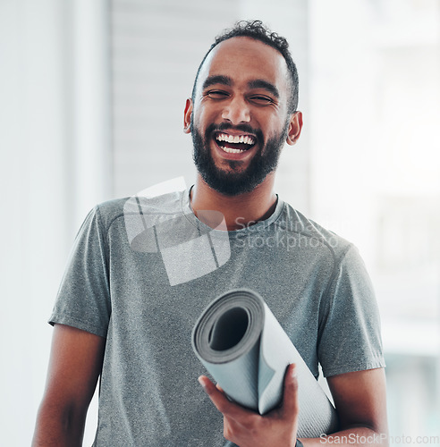 Image of Yoga, fitness portrait and happy man for wellness, health and exercise goals, mission and inspiration. Pilates gear, sports and smile or laugh of Indian person for holistic workout or mediation class