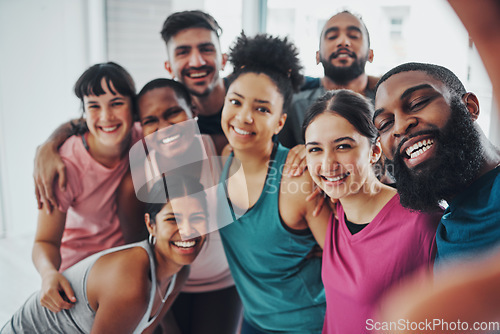 Image of Fitness, gym and selfie of group of friends excited for workout, exercise goals and training together. Sports club, diversity and portrait of happy people smile for motivation, yoga and pilates class