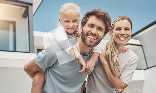 Image of Portrait, father carrying girl and mother with smile, outdoor and playful together in summer. Face, dad piggy back daughter or mother with joy, happiness or quality time for weekend break or vacation