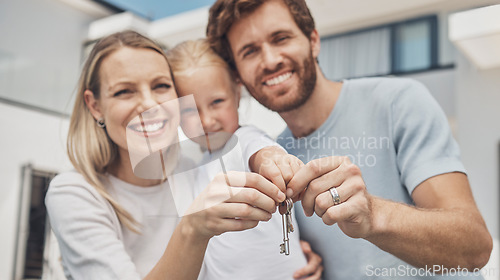 Image of Portrait, family and keys for new home, happiness and excited for achievement, loving and real estate property. Face, mother and father with daughter, buying and moving into house and happy together